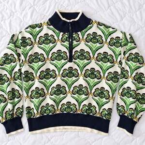 VOY Floral Quarter Zip Sweater Large Green Navy Cream Retro Knit